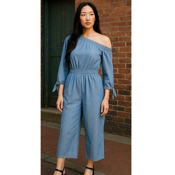 MICHAEL Michael Kors Off-Shoulder Cropped Chambray Jumpsuit Light Cadet Wash XS - Picture 1 of 6